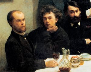 Coin de table : de gauche à droite : Paul Verlaine, Arthur Rimbaud, Elzéar Bonnier. (Peinture, 19ème siècle)