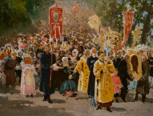Procession religieuse dans le bois de chênes
