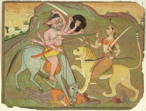 Durga en combat avec Mahishasura, du folio de 