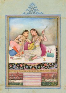 Une fille jouant du tambur tandis que son compagnon écoute, vers 1660 - Indian School