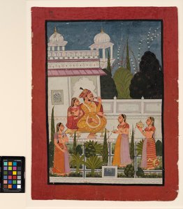 Un raja sur une terrasse avec sa rani, assisté par trois femmes - Indian School