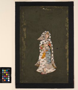 Une femme debout en sari blanc à motifs floraux, une cape à motifs de plumes de paon