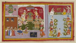 Grâce à ses pouvoirs magiques, Bharadvaja a conjuré un palais dans un jardin de plaisance pour le divertissement et le rafraîchissement de ses invités. Bharadvaja et les autres ascètes et brahmanes sont assis dans la salle du trône, tandis que les deux pri
