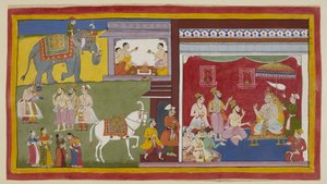 Dasaratha, trônant en durbar, dit aux brahmanes Vasistha et Vamadeva et à son ministre Sumantra son intention de céder son trône à Rama comme régent; à gauche, ces trois convoquent Rama et Laksmana. Au-dessus, quatre brahmanes commencent.