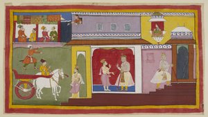 Add 15296 (1) f.18r, Vasistha retourne au palais et dit à Dasaratha que tout est prêt pour la cérémonie. Dasaratha se retire dans une chambre intérieure du palais. Au-dessus, la servante de Kaikeyi, Manthara, regarde par une fenêtre supérieure et observe l