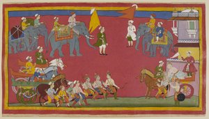 Les deux princes et leur oncle sont descendus de leurs chars et avancent de la gauche pour saluer le roi. Il sort du palais à droite dans son char et se penche pour les saluer affectueusement. Des éléphants sont en arrière-plan - Indian School