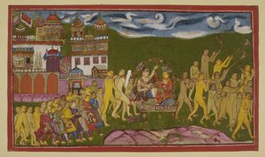 Sugriva et Laksmana sont transportés dans une litière dorée, portée par des singes, de Kiskindha - Indian School