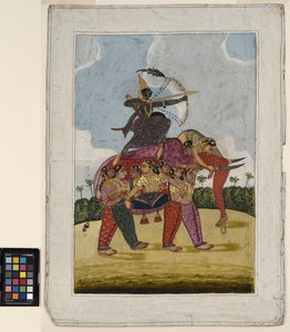 Un éléphant composite formé de femmes dansantes servant de monture à un archer - Indian School