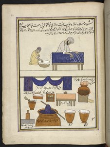 Imprimeur de tissus avec un bloc à main, et teinturier, 86 dessins reliés en un volume représentant des métiers et occupations au Cachemire, les artisans sont montrés au travail avec leurs outils et équipements, par un artiste du Cachemire, probablement à 