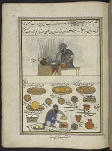 Fabricants de nourriture cuite et de kawab, 86 dessins reliés en un volume représentant des métiers et occupations au Cachemire, des artisans montrés au travail avec leurs outils et équipements, par un artiste du Cachemire, probablement à Srinagar, c.1850-