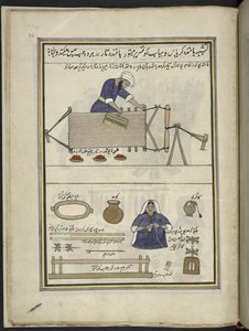 Tisserand de coton peignant une chaîne ; femme enroulant du coton (86 dessins reliés en un volume représentant des métiers et occupations au Cachemire, les artisans sont montrés au travail avec leurs outils et équipements, par un artiste du Cachemire, prob