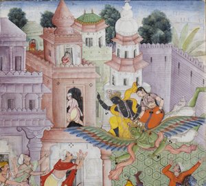 (détail) Krishna fend le démon Narakasura avec son disque - Indian School
