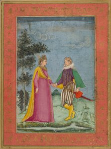 Gentilhomme et dame européens, vêtus en costume élisabéthain, illustration de 
