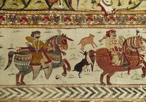 Scène de chasse, temple de Laxminarayan, Orchha, Madhya Pradesh, Inde (fresque)
