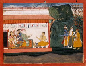 Illustration du Bhagvata Purana représentant Balarama prenant Akrura par la main avec son jeune frère Krishna, vers 1700