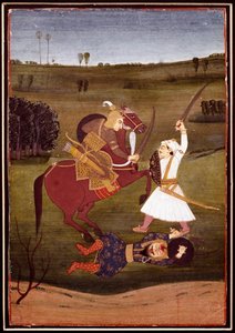 Art indien : bataille entre un prince à cheval et un guerrier - Indian School