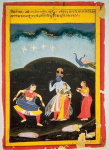 Krishna et Radha sous la pluie avec deux musiciens, Rajasthan