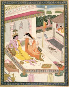 Krishna et Radha sur un lit dans un palais moghol, Pendjab, vers 1860 - Indian School