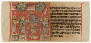 Krishna jouant de la flûte devant deux gopis, avec un dévot regardant, du Balagopalastuti c.1450