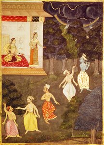 Krishna jouant de la flûte suivi de quatre danseurs, Rajasthan
