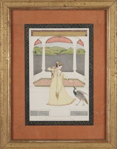 Dame attirant un paon avec un brin de perles - Indian School