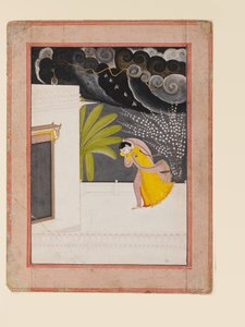 Dame sur une terrasse cherchant refuge contre la pluie, début du 19ème siècle - Indian School
