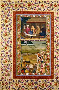 Jeune homme avec ses professeurs et Paiement du tribut à un souverain, miniatures d