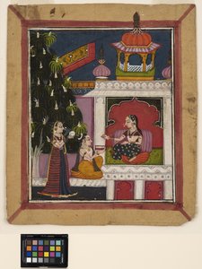 ? Raga : Un homme agenouillé offre un livre à une dame dans un pavillon, vers 1800 - Indian School