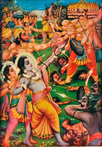 Rama et Hanuman combattant Ravana le démon, scène du Ramayana - Indian School