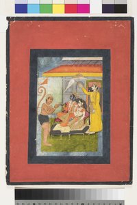 Rama et Sita sur le trône, adorés par Hanuman; Lakshmana tient un morchal