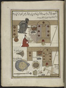 Rôtisseur de riz et sa femme, 86 dessins reliés en un volume représentant des métiers et occupations au Cachemire, Les artisans sont montrés au travail avec leurs outils et équipements, Par un artiste du Cachemire, probablement à Srinagar, c.1850-60
