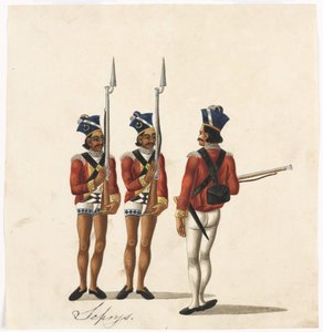 Cipayes et un officier indien, armée du Bengale, vers 1815 - Indian School