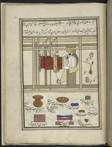 Tisserands de châles tissant des châles sur un métier, 86 dessins reliés en un volume représentant des métiers et occupations au Cachemire, des artisans montrés au travail avec leurs outils et équipements, par un artiste du Cachemire, probablement à Srinag