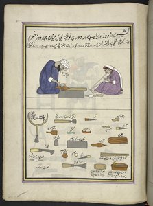 Cordonnier et sa femme fabriquant une pantoufle, 86 dessins reliés en un volume représentant des métiers et occupations au Cachemire, les artisans sont montrés au travail avec leurs outils et équipements, par un artiste du Cachemire, probablement à Srinaga