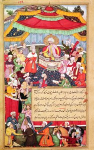 Le roi sur son trône entouré de ses courtisans, du Baburnama (Mémoires de Babur) 1530
