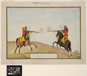 Deux soldats montés échangeant des coups de fusil, vers 1830 - Indian School