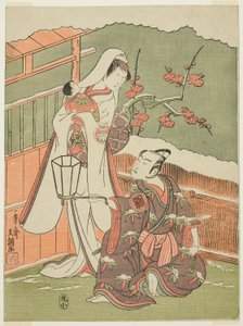 Acteurs Arashi Sangorô II comme Minamoto no Yoritomo et Segawa Kikunojô II comme la Femme des Neiges dans "Ouate de Coton d