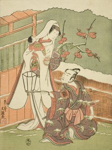 Les acteurs Arashi Sangoro II en Minamoto no Yoritomo déguisé en fabricant de chapeaux