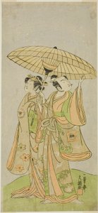 Les acteurs Ichikawa Komazo II en tant que Chunagon Yukihira (à droite), et Iwai Hanshiro IV en tant que Murasame (à gauche), dans la pièce Kuni no Hana Ono no Itsumoji, jouée au Théâtre Nakamura en novembre 1771