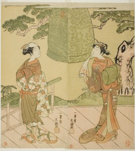 Les acteurs Ichimura Uzaemon IX en tant que Shume no Hangan Morihisa (à droite), et Sanogawa Ichimatsu II en tant que Chujo (à gauche), dans la pièce Edo no Hana Wakayagi Soga, jouée au théâtre Ichimura en février 1769 - Ippitsusai Bunchō