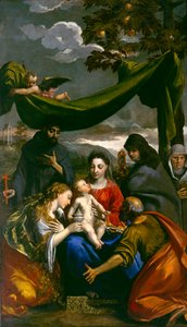 Vierge et Enfant avec les Saints Marie-Madeleine, Pierre, Claire, François et une Abbesse, c.1600 - Ippolito Scarsella