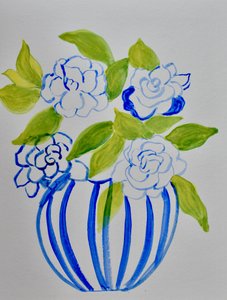 Fleurs dans un vase à rayures bleues - Iria Fernandez
