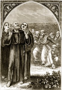 Saint Columba chantant, et attaqué par les druides, de The Trias Thaumaturga, ou Trois Saints Thaumaturges d