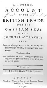Page de titre de An Historical Account of British Trade over the Caspian Sea, avec un journal de voyages par Jonas Hanway, 1754