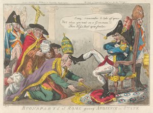 Buonaparte in Rom gibt Audienz im Staatsgewand - Isaac Cruikshank