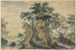 Paysage fluvial avec maison sur une île rocheuse - Isaac Major