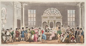 Visiteurs bien connus à la Pump Room, Bath, prenant une gorgée avec le roi Bladud, de The English Spy, pub. 1824