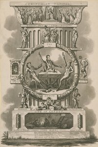 Chapiteau corinthien, roses, œillets et tulipes; Hauts et bas, entrées et sorties de la vie à Londres - Isaac, Robert and George Cruikshank
