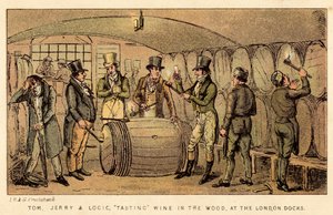 Tom, Jerry et Logic, dégustant du vin en fût, aux quais de Londres - Isaac, Robert and George Cruikshank