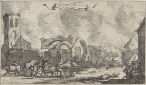 Franse troepen trekken plunderend en schietend door de ruïnes van het dorp Nigtevecht, 1672